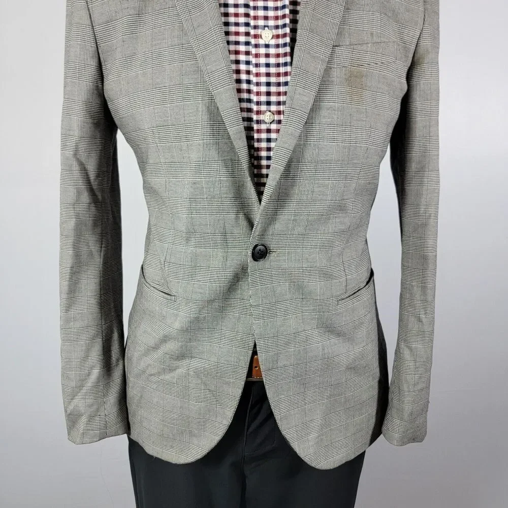 H&M Men's Sport Coat Blazer One Button Gray Plaid Polyester Blend Skinny Fit 40R